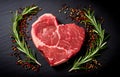 marbled beef steak like heart shape and rosemary hearb on dark background