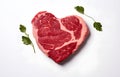 marbled beef steak like heart shape and rosemary hearb isolated on white background