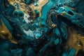 Marbled blue abstract background with golden sequins. Liquid marble ink pattern. generative ai Royalty Free Stock Photo