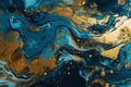 Marbled blue and golden abstract background. Liquid marble ink pattern. generative ai Royalty Free Stock Photo