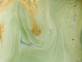 Marbled blue, green and golden abstract background. Liquid marble pattern.