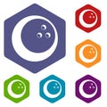 Marbled bowling ball icons set hexagon Royalty Free Stock Photo