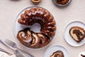 Marbled bundt cake sliced on a plate, chocolate and vanilla marble cake with chocolate glaze Royalty Free Stock Photo