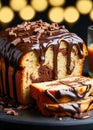Marbled chocolate cake with elegant swirls garnished chocolate glazed