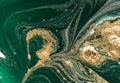 Marbled green abstract background with golden sequins. Liquid marble ink pattern.