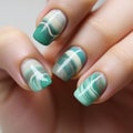 Marbled Nail Art Design: Green, White, And Gold Ocean Waves