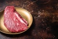 Marbled prime beef steak, raw top sirloin meat steak. Dark background. Top view. Copy space