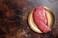 Marbled prime beef steak, raw top sirloin meat steak. Dark background. Top view. Copy space