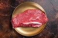 Marbled prime beef steak, raw top sirloin meat steak. Dark background. Top view