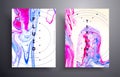 Marbled purple, white and blue background texture. Hand painted bright flow wallpaper. Abstract colored paint mix, oil