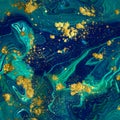 Marbled Seamless Background. Liquid Blue Marble Pattern. Golden Glitter Texture.