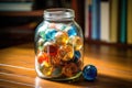 marbles in a transparent jar on a wooden table