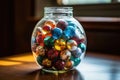 marbles in a transparent jar on a wooden table