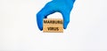 Marburg virus symbol. Doctor hand in blue glove holds wooden blocks with words Marburg virus, beautiful white background. Medical