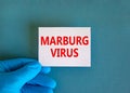 Marburg virus symbol. White note with words Marburg virus, beautiful blue background, doctor hand in blue glove. Medical, marburg