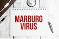 Marburg virus symbol. White note with words Marburg virus