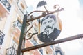 Marcel Proust`s face on a restaurant sign