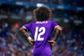 Marcelo plays at the La Liga match between RCD Espanyol and Real Madrid CF at RCDE Stadium