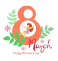 Card for 8 March womens day. Woman on swing figure eight with leaves and flowers, handwritten text on a white background Royalty Free Stock Photo