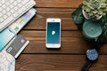 March 3,2018: Apple smartphone with PayPay payment app. Flat lay with wooden table background. Succulent plant, watch, leaf of mon