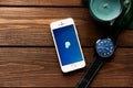 March 3,2018: Apple smartphone with PayPay payment app. Flat lay with wooden table background. Succulent plant, watch, leaf of mon