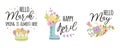 March, April, May. Vector typography spring quotes Cute words decorated hand drawn cute spring flowers