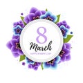 8 march background with violet tulip flowers. Happy women`s day floral card design vector illustration