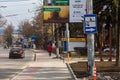 March 22, 2021 Balti, Moldova Drive cafe advertisement imitating European road signs. Background