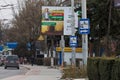 March 22, 2021 Balti, Moldova Drive cafe advertisement imitating European road signs. Background