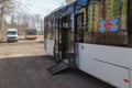 March 25, 2021 Balti Moldova modern public transport bus with ramp for people with disabilities. Illustrative editorial