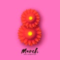 8 March. Beautiful Red Gerbera Flowers. Origami layered Floral bouquet. Happy Womens Day, Mothers Day or Birthday