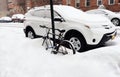 March bicycle under snow in new york