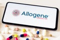 March 15, 2022, Brazil. In this photo illustration the Allogene Therapeutics logo seen displayed on a smartphone next to medicine