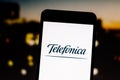 March 10, 2019, Brazil. `Telefonica` logo on the mobile device screen. Operating globally, it is one of the largest fixed and mob