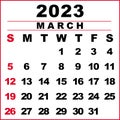 March 2023 Calendar Illustration. The Week Starts On Sunday. Calendar Design In Black And White Colors, Sunday In Red Colors
