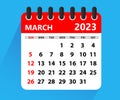 March 2023 Calendar Leaf. Calendar 2023 in flat style.