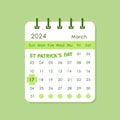 March 2024 calendar page with St Patrick day celebration date, vector illustration