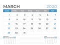 March 2020 Calendar Template, Desk Calendar Layout  Size 8 X 6 Inch, Planner Design, Week Starts On Sunday, Stationery Design