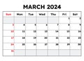 March 2024 calendar. Vector illustration. Monthly planning