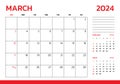 March 2024 Calendar. Week start on Sunday. Desk calendar 2024 design, simple and clean design, Wall calendar for print, digital