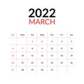 March 2022 calendar and week starts on sunday Royalty Free Stock Photo