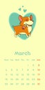 2019 March calendar with welsh corgi dog falling in love on big heart background with rose in mouth