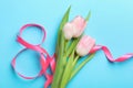 8 March card design with tulips on light blue background, flat lay. International Women`s Day