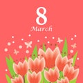 8 March card with tulips bouquet on pink background