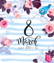 8 march celebration poster template with festive wish, gorgeous semi colored rose flowers, cute bird on blue background