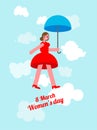 March 8 Cheerful woman flies on an umbrella. International Women\'s Day postcard, congratulation