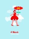 March 8 Cheerful woman flies on an umbrella. International Women\'s Day postcard, congratulation