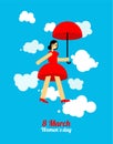 March 8 Cheerful woman flies on an umbrella. International Women\'s Day postcard, congratulation
