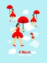 March 8 Cheerful woman flies on an umbrella. International Women\'s Day postcard, congratulation