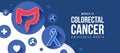 March is Colorectal Cancer Awareness Month - Text and Blue ribbon, colorectal and medical icon in circle bubble sign on white blue